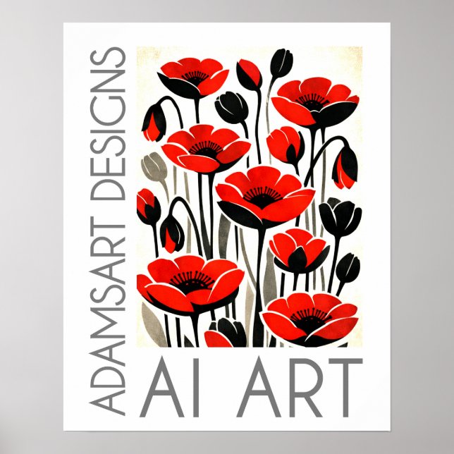 Poster Flores de Papoula Vermelha Ousada Arte Botânica Mo (Frente)
