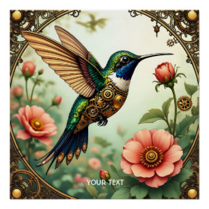Póster Flores de Pássaros Fantasy Cute Steampunk