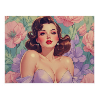 Póster Flores de Pastel de Pinos-Up de Brunette