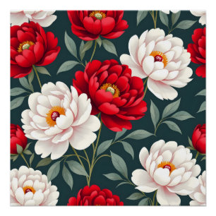 Póster Flores de peônia vermelhas e brancas