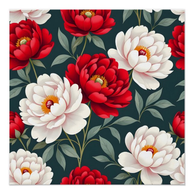 Póster Flores de peônia vermelhas e brancas (Frente)