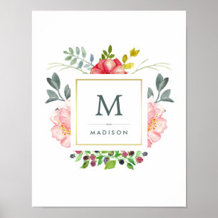 Póster Flores de Peônias de Aquarelas com Dourado e Monog