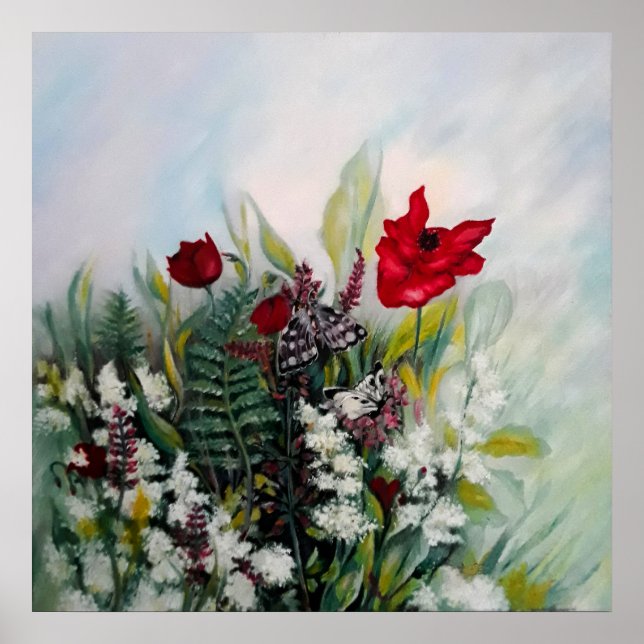 Poster Flores de primavera com papoila e borboletas (Frente)