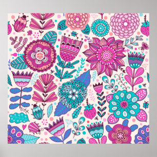 Poster Flores de rabisco botânico, textura perfeita e vin