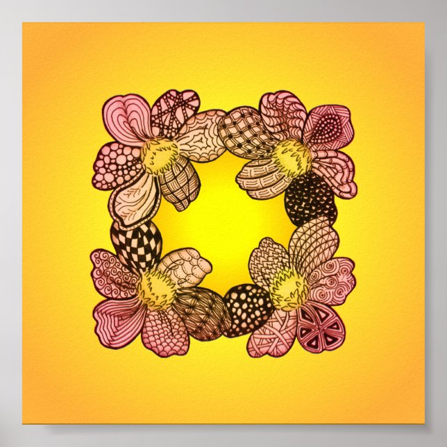 Poster Flores de rabisco em pêssego, laranja e Dourado (Frente)