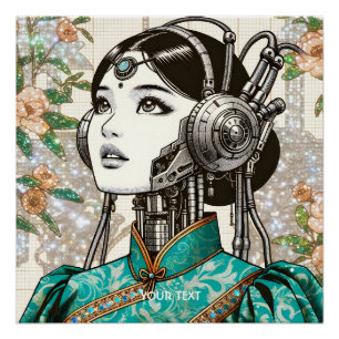Póster Flores De Rapariga Robô Fantasy