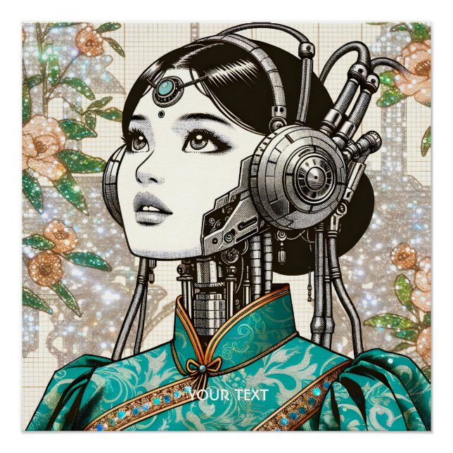 Póster Flores De Rapariga Robô Fantasy (Frente)