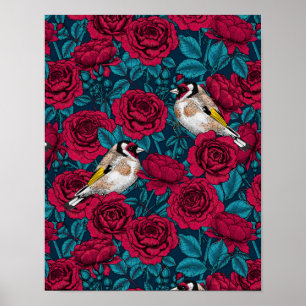 Poster Flores de rosa vermelha e aves-pintadas