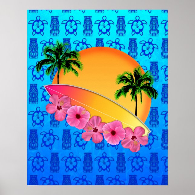 Poster Flores de surfboard e Hibiscus (Frente)