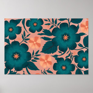 Poster Flores de Teal e Pêssego em um Fundo Rosa Suave