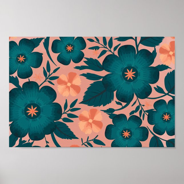 Poster Flores de Teal e Pêssego em um Fundo Rosa Suave (Frente)