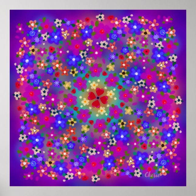Poster Flores de turbilhão, rosa e azul (Frente)