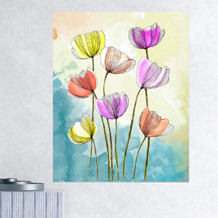 Poster Flores de Vazamento de Aquarela com Linhas Pretas 