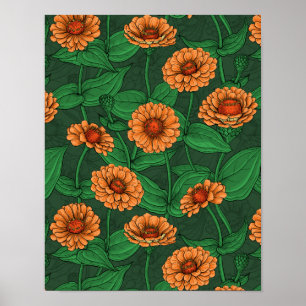Poster Flores de Zinnia laranja, folhas verdes em verde e