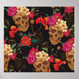 Poster Flores Do Crânio: Fundo Escuro Sem Olhos.
