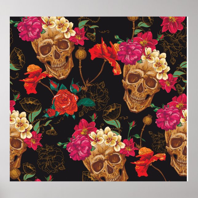 Poster Flores Do Crânio: Fundo Escuro Sem Olhos. (Frente)
