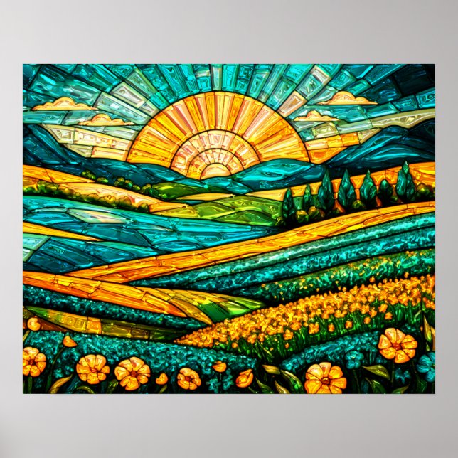 Poster Flores Douradas Campo Verde Vidro Pintado Falso (Frente)