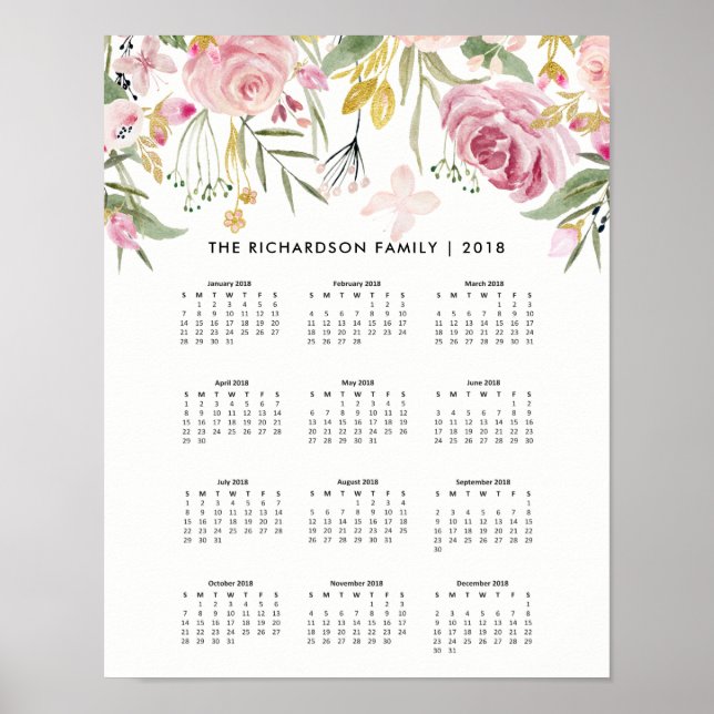 Póster Flores Douradas, cor-de-rosa e esfarelo | Calendár (Frente)