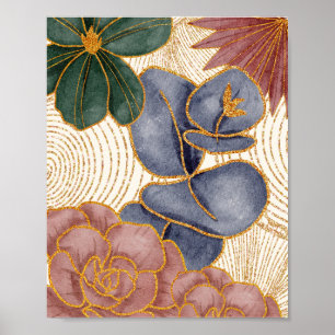 Poster Flores Douradas Linhas de Glittering