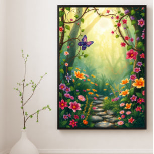 Poster Flores e borboleta numa Floresta Tropical Encantad