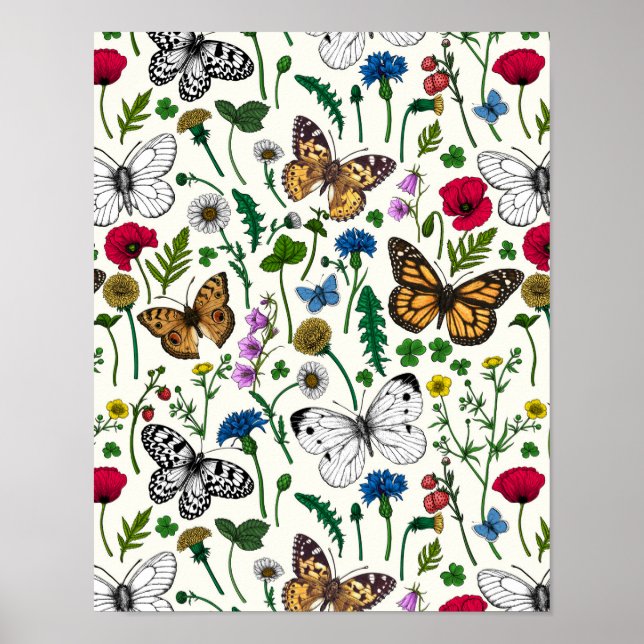 Poster Flores e borboletas selvagens em branco (Frente)