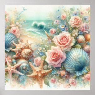 Poster Flores e conchas aquáticas em cores pastéis