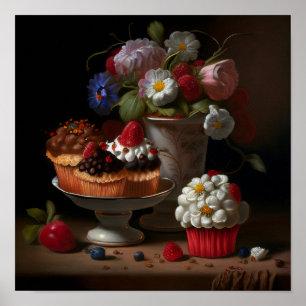 Poster Flores e Cupcakes Ainda Arte da Vida