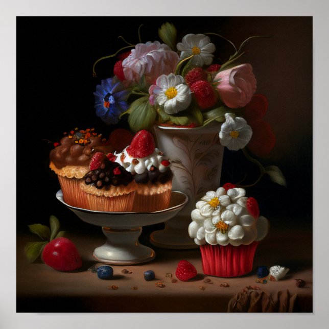 Poster Flores e Cupcakes Ainda Arte da Vida (Frente)