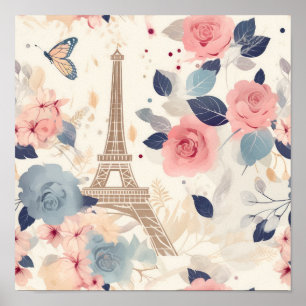 Poster Flores e Eiffel Tower Paris - Padrão Viagem