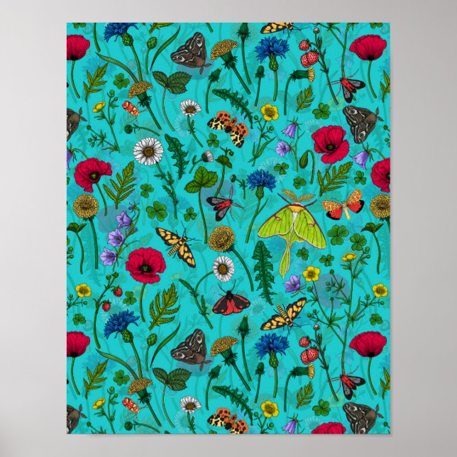 Poster Flores e mariposas selvagens em teal (Frente)