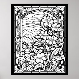 Poster Flores e Montanhas Coloração da Janela de Vidro Es