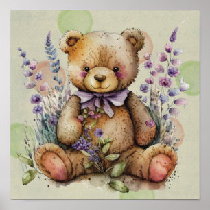 Poster Flores E Polkadots De Lavanda De Urso Castanho