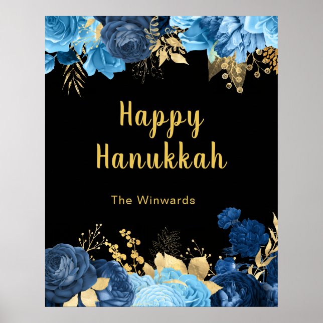 Poster Flores Elegantes Azuis e Douradas Festa de Hanukka (Frente)