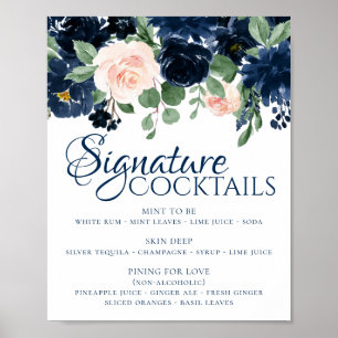 Poster Flores Elegantes   Bebidas Símbolo Azul Marinho e 