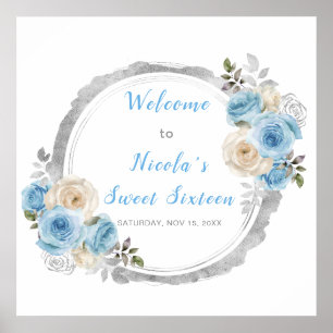 Poster Flores Elegantes De Prata Azul Dusty Dezesseis