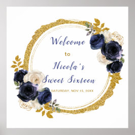 Poster Flores Elegantes marinhos Azuis e Douradas Doce De