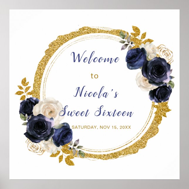 Poster Flores Elegantes marinhos Azuis e Douradas Doce De (Frente)