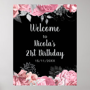 Poster Flores Elegantes Rosa e Prata para Festa de Aniver
