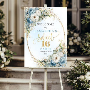 Poster Flores em aquarela azul pastel dourado de dezessei