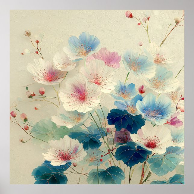 Poster Flores em Flor - Arte Botânica em Pastel Suave #1 (Frente)
