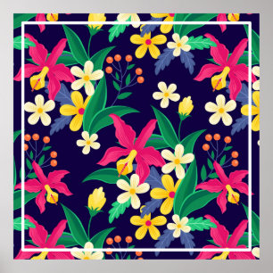 Poster Flores Exóticas Coloridas Folhas Padrão-23021