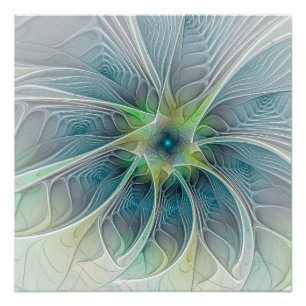 Póster Flores Fantasias Modernas Azul Flor Fractal Verde
