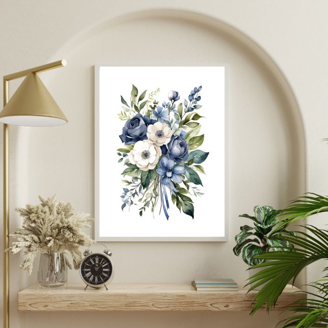 Poster Flores Florais Brancas Azuis Elegante De Aquarela (Blue White Floral Greenery Watercolor Wall Art Poster Print. Digital Download or Printed by Zazzle)