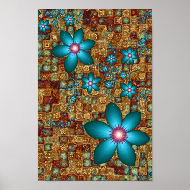Poster Flores Fractais Turquesas (Frente)