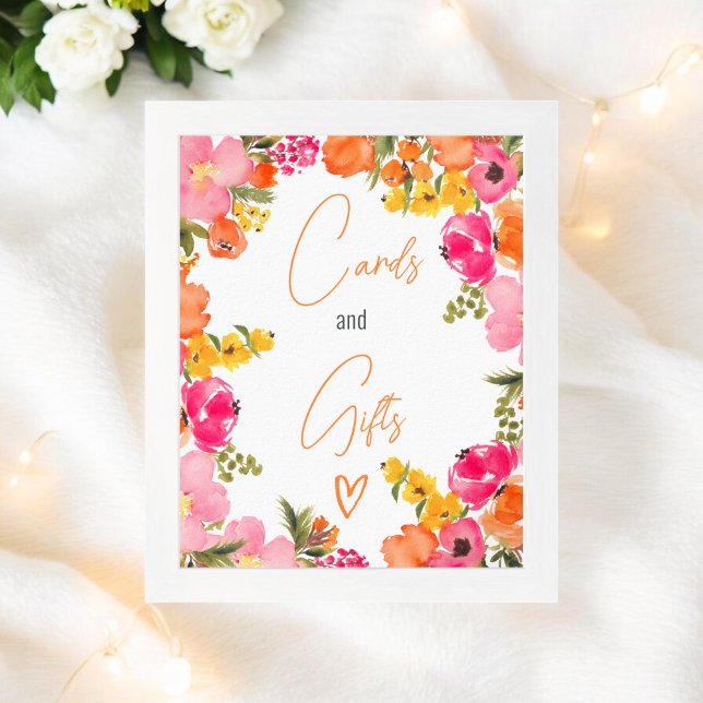 Poster Flores frias cartões de script chá de panela de pr (Bold flowers script cards gifts bridal shower poster)