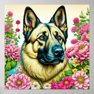 Poster Flores german shepherd e Whimsical