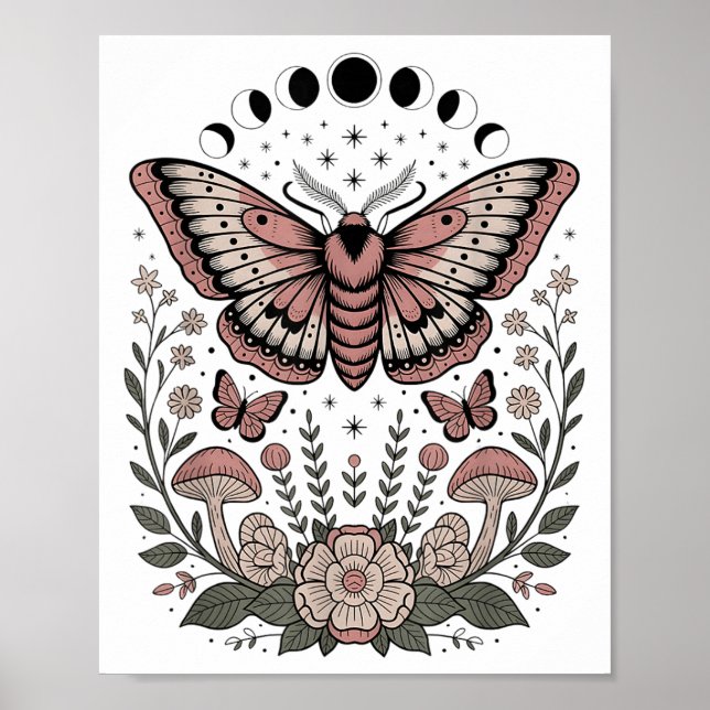 Poster Flores Goblincore Moth Butterfly Monofases Cotta (Frente)