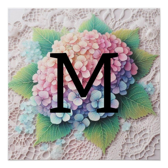 Póster Flores hidrangea, cor-de-rosa, com rendas monogram (Frente)