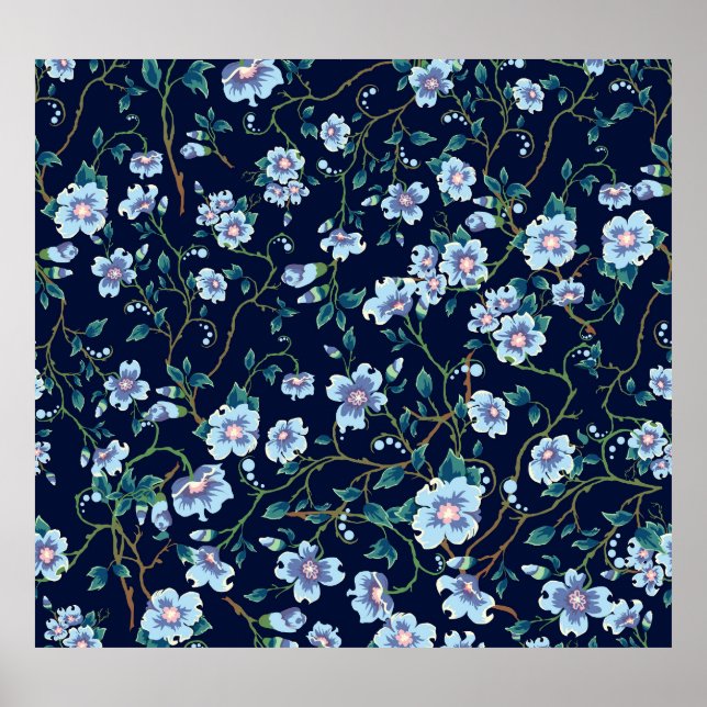 Poster Flores infantis: azul escuro sem costura (Frente)
