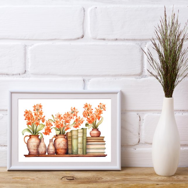 Poster Flores Laranja em Vases com Livros na Bookshelf (Criador carregado)